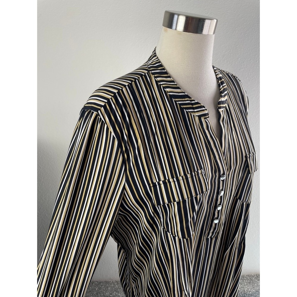 Cocomo Womens XL V Neck 3/4 Sleeve Striped Knit Tunic Top Black Yellow White - Picture 2 of 8